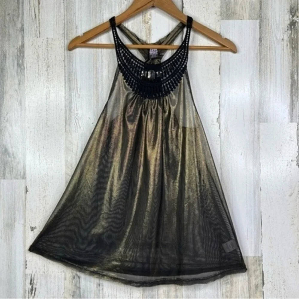 Free People Embellished Sheer‎ Metallic Racerback Tank Top Black Gold Rhinestone